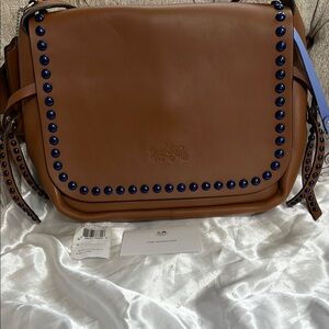 Coach Brown and Blue Leather Saddle Shoulder Bag with Studded Detailing NEW